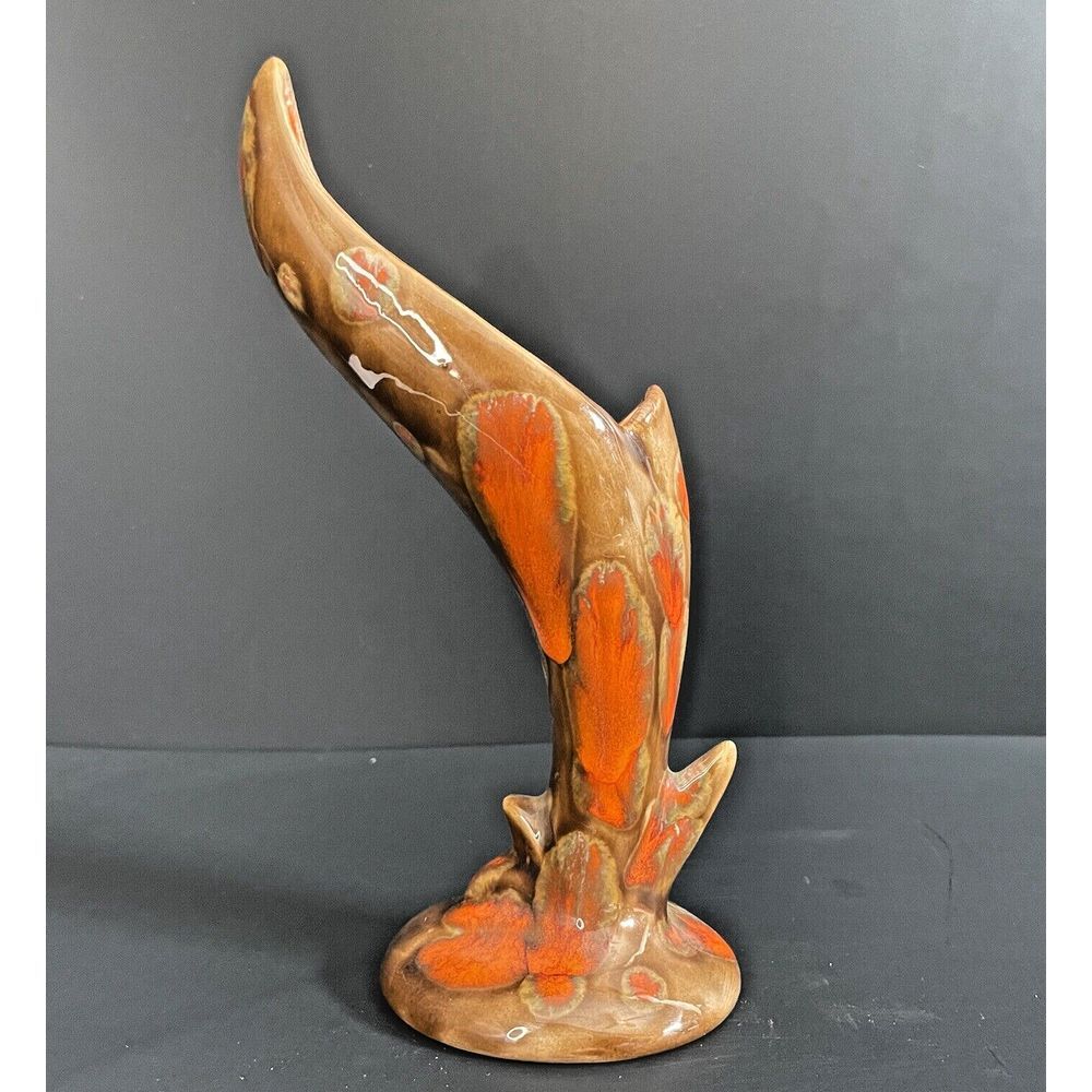 Vintage Bird Of Paradise MCM Pottery Vase Orange Drip Signed Connie Nelson 1974